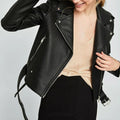 Women's Black Asymmetric Zip Biker Premium Original Leather Jacket with Belt – Kamercio Leather