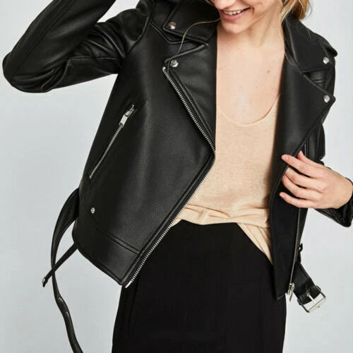 Women's Black Asymmetric Zip Biker Premium Original Leather Jacket with Belt – Kamercio Leather