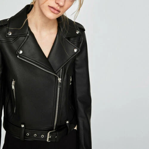 Women's Black Asymmetric Zip Biker Premium Original Leather Jacket with Belt – Kamercio Leather