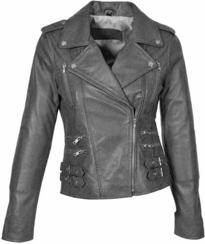 Women's Grey Multi-Buckle Biker Premium Original Leather Jacket – Kamercio Leather