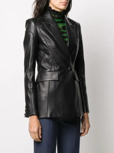 Women's Black Lambskin Premium Original Leather Double-Breasted Blazer Jacket