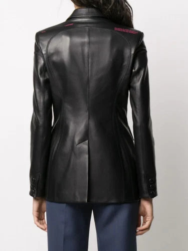 Women's Black Lambskin Premium Original Leather Double-Breasted Blazer Jacket
