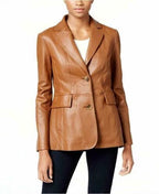 Women's Tan Lambskin Premium Original Leather Two-Button Blazer Jacket