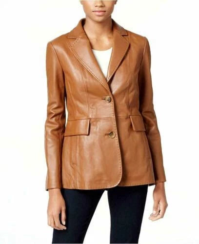 Women's Tan Lambskin Premium Original Leather Two-Button Blazer Jacket