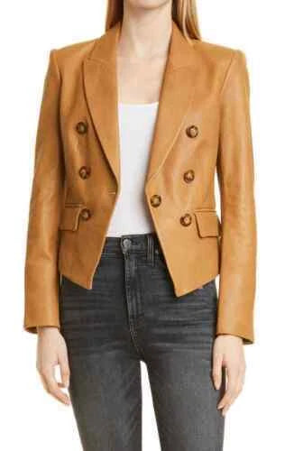 Women's TAN Lambskin Original Premium Leather Double-Breasted Cropped Blazer Jacket