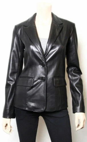 Women's Black Lambskin Premium Original Leather Blazer – Single Button Classic Fit
