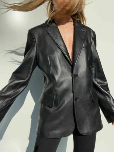 Women's Black Lambskin Premium Original Leather Oversized Blazer – Two Button Relaxed Fit