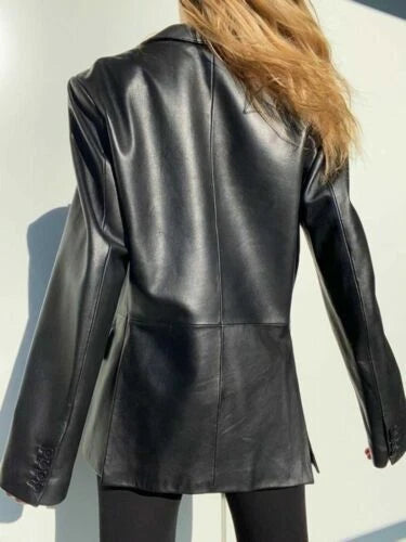 Women's Black Lambskin Premium Original Leather Oversized Blazer – Two Button Relaxed Fit