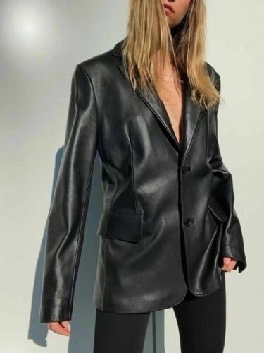 Women's Black Lambskin Premium Original Leather Oversized Blazer – Two Button Relaxed Fit