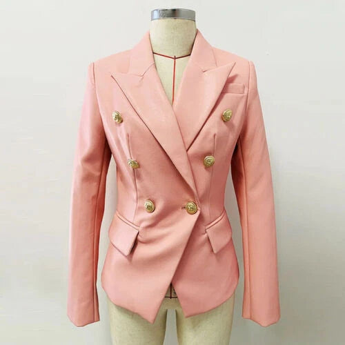 Women's Pink Lambskin Premium Original Leather Blazer – Double Breasted Gold Lion Button