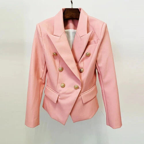 Women's Pink Lambskin Premium Original Leather Blazer – Double Breasted Gold Lion Button