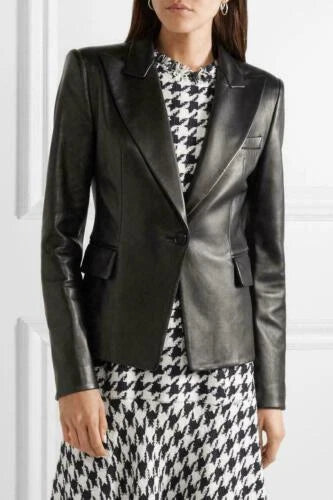 Women's Black Premium Lambskin Original Leather Blazer – One Button Peak Lapel