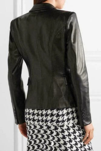 Women's Black Premium Lambskin Original Leather Blazer – One Button Peak Lapel