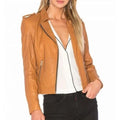 Women's Tan Lambskin Leather Biker Jacket Motorcycle Slim Fit