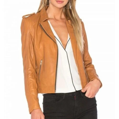 Women's Tan Lambskin Leather Biker Jacket Motorcycle Slim Fit