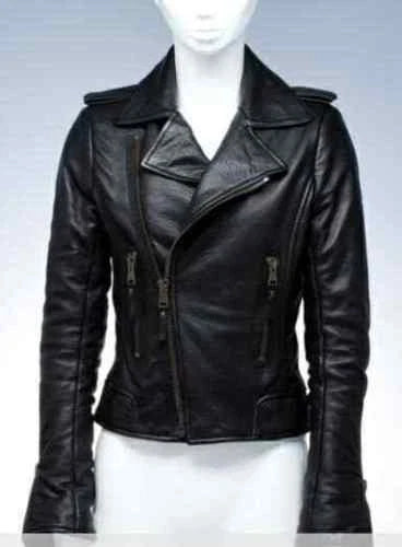 Women's Black Original Genuine Real Lambskin Leather Biker Jacket Fit