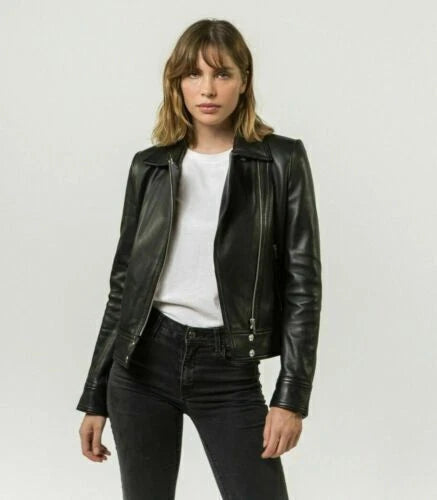 Women's Premium Original Pure Black Leather Jacket Slim Fit — Gold Hardware