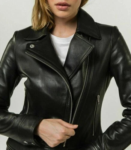Women's Premium Original Pure Black Leather Jacket Slim Fit — Gold Hardware