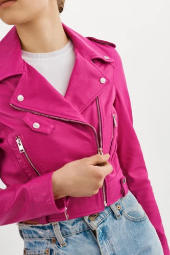 Women's Original Premium Hot Pink Cropped Leather Biker Jacket