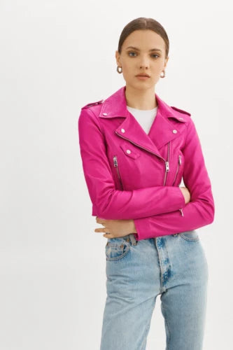 Women's Original Premium Hot Pink Cropped Leather Biker Jacket