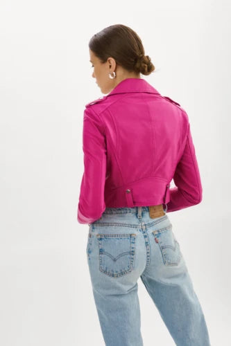 Women's Original Premium Hot Pink Cropped Leather Biker Jacket