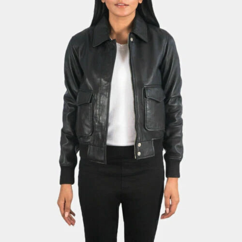 Women's Premium Original Black Leather Bomber Jacket — Dual Chest Pockets
