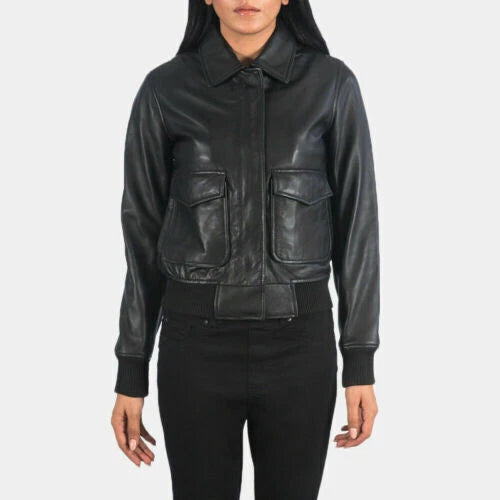 Women's Premium Original Black Leather Bomber Jacket — Dual Chest Pockets