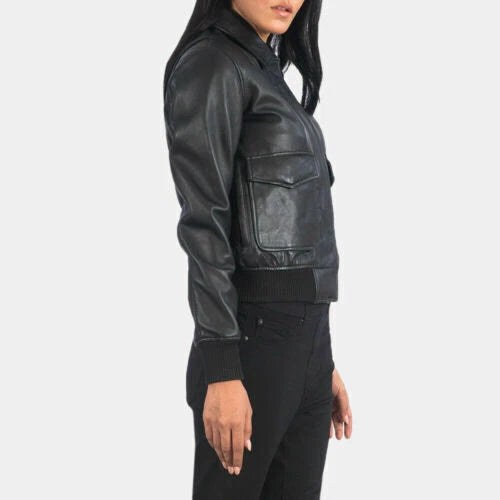 Women's Premium Original Black Leather Bomber Jacket — Dual Chest Pockets