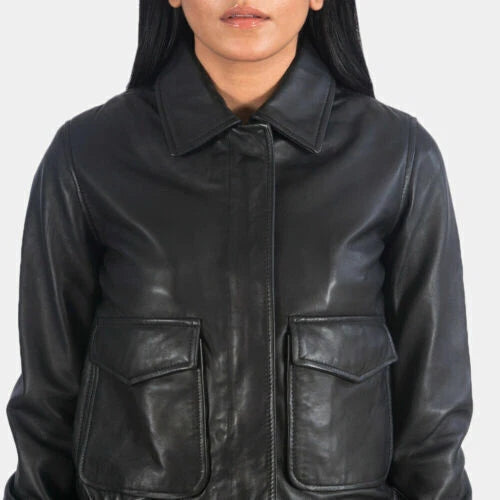 Women's Premium Original Black Leather Bomber Jacket — Dual Chest Pockets