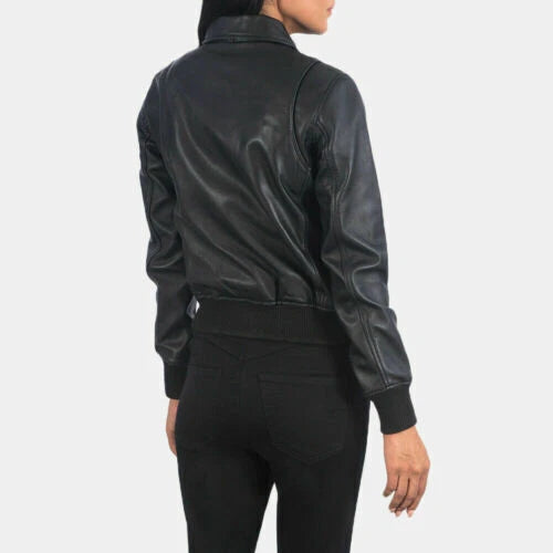 Women's Premium Original Black Leather Bomber Jacket — Dual Chest Pockets