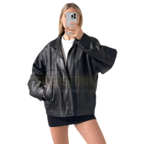 Women's Original Premium Black Leather Oversized Drop-Shoulder Biker Jacket