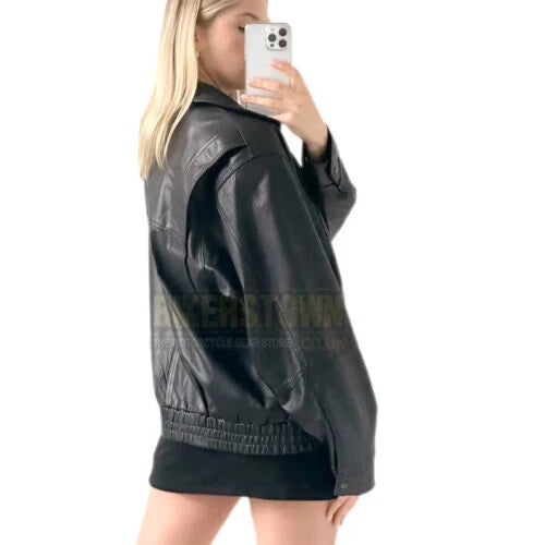 Women's Original Premium Black Leather Oversized Drop-Shoulder Biker Jacket