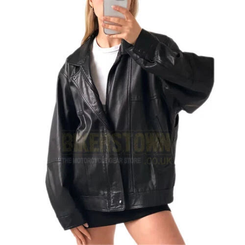 Women's Original Premium Black Leather Oversized Drop-Shoulder Biker Jacket