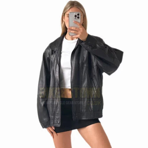 Women's Original Premium Black Leather Oversized Drop-Shoulder Biker Jacket