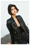Women's Premium Black Original Leather Quilted-Shoulder Biker Jacket — Gold Hardware