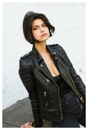 Women's Premium Black Original Leather Quilted-Shoulder Biker Jacket — Gold Hardware