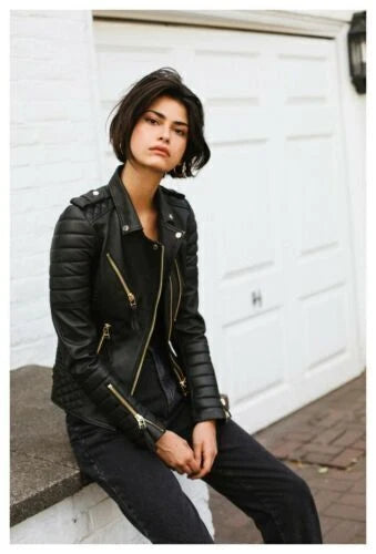 Women's Premium Black Original Leather Quilted-Shoulder Biker Jacket — Gold Hardware
