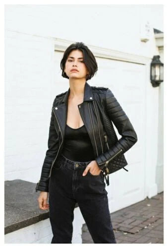 Women's Premium Black Original Leather Quilted-Shoulder Biker Jacket — Gold Hardware