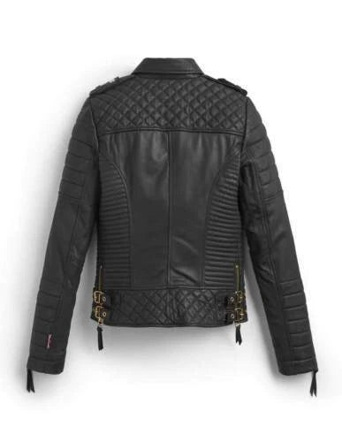 Women's Premium Black Original Leather Quilted-Shoulder Biker Jacket — Gold Hardware
