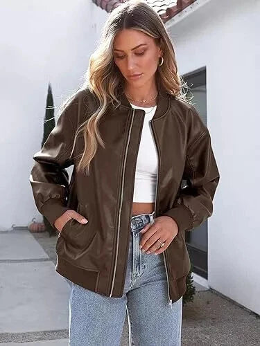 Women's Premium Brown Original Lambskin Slim Fit Leather Bomber Jacket