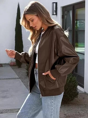 Women's Premium Brown Original Lambskin Slim Fit Leather Bomber Jacket
