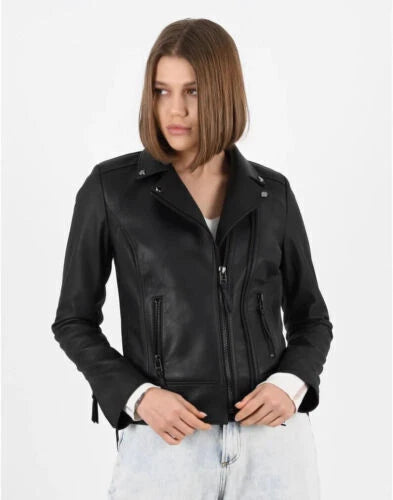 Women's Premium Black Original Lambskin Leather Biker Jacket — Minimal Slim Fit