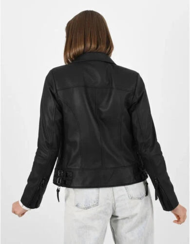 Women's Premium Black Original Lambskin Leather Biker Jacket — Minimal Slim Fit