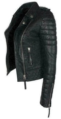 Women's Premium Black Quilted Sleeve Original Leather Biker Jacket
