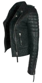 Women's Premium Black Quilted Sleeve Original Leather Biker Jacket – close-up detail – Kamercio