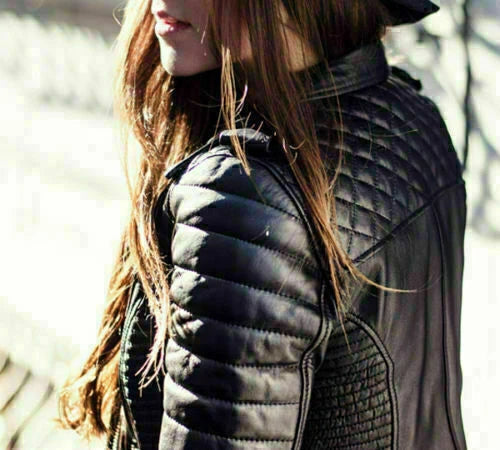 Women's Premium Black Quilted Sleeve Original Leather Biker Jacket