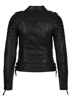 Women's Premium Black Quilted Sleeve Original Leather Biker Jacket – worn on model – Kamercio
