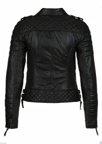Women's Premium Black Quilted Sleeve Original Leather Biker Jacket