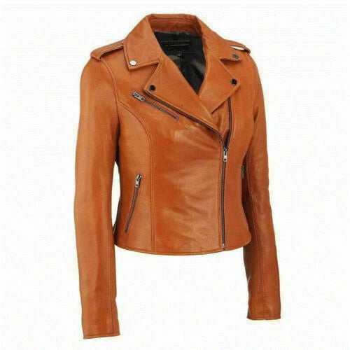 Women's Premium Tan Slim-Fit Original Leather Biker Jacket — Asymmetric Zip