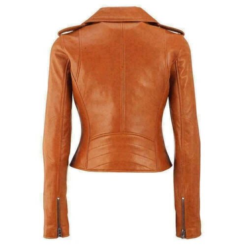 Women's Premium Tan Slim-Fit Original Leather Biker Jacket — Asymmetric Zip